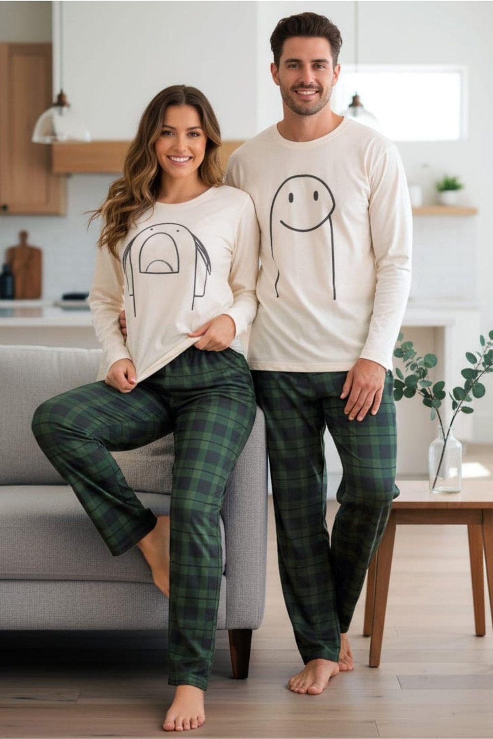 Bella Notte Yeşil Ekoseli Çöp Adam Desenli Şirin Kadın Pijama Takımı CP7577