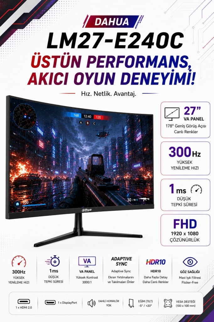 DHI-LM27-E240C VA Panel Curved (Kavisli) 27 inç 240 Hz 1920 (H) × 1080 (V) Çözünürlük 1 MS Gaming Monitör