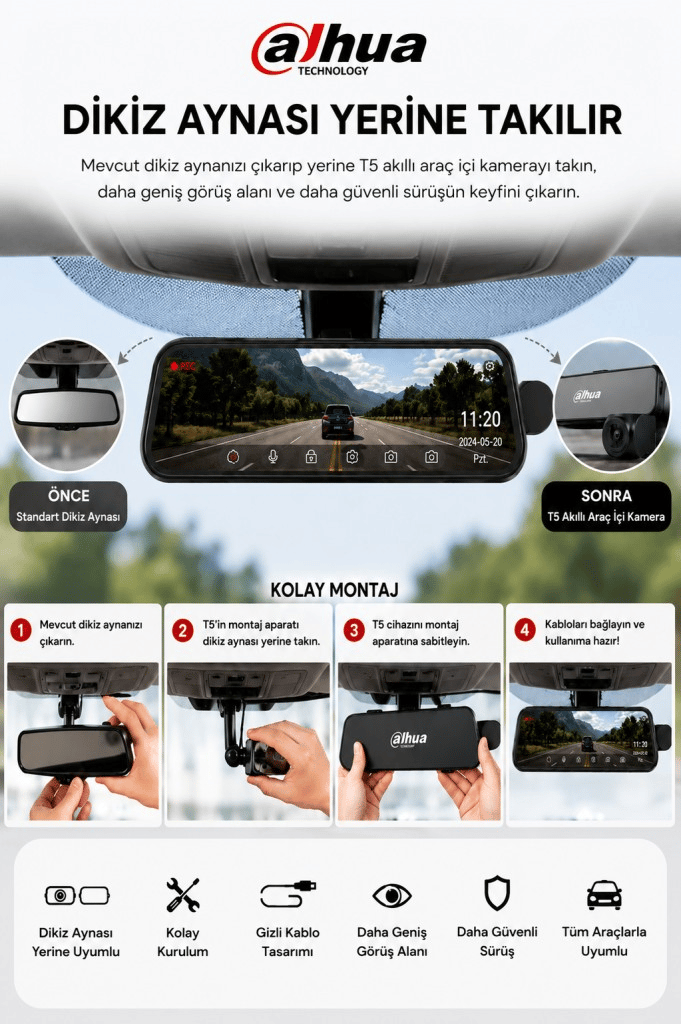 DHI-T5 Dikiz Aynalı Araç İçi Kamera  4K Çözünürlük + Ön ve Arka Kamera + GPS + Park Sensörü + Dokunmatik Ekran + APP Kontrol
