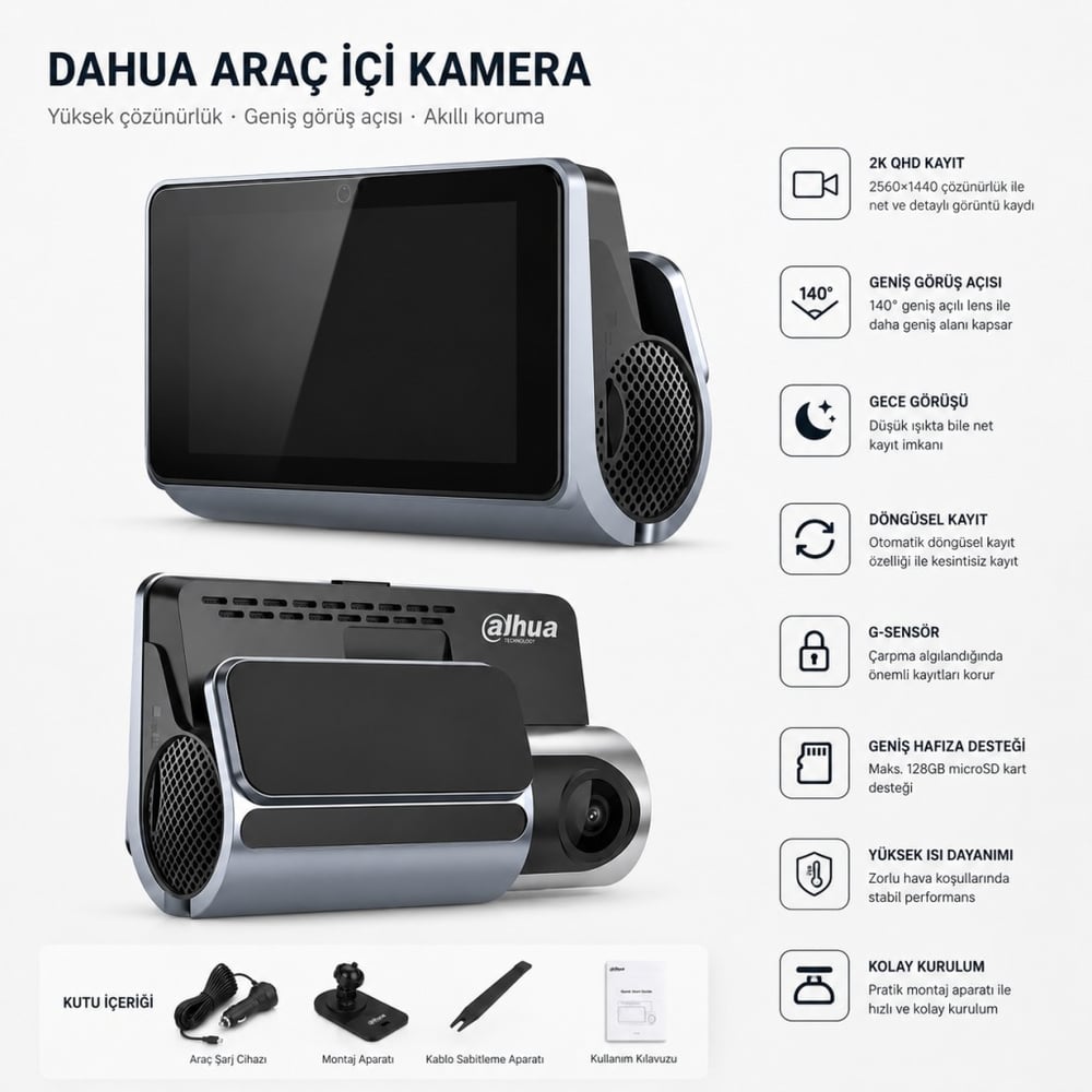 S6 2K 1920P×1080P G-Sensör Gece Görüş Destekli Döngüsel Kayıt Yapabilen Geniş Açılı Mobil Uygulamalı Ön ve Arka Çift Araç İçi Kamera (DAHUA TÜRKİYE GARANTİLİ)