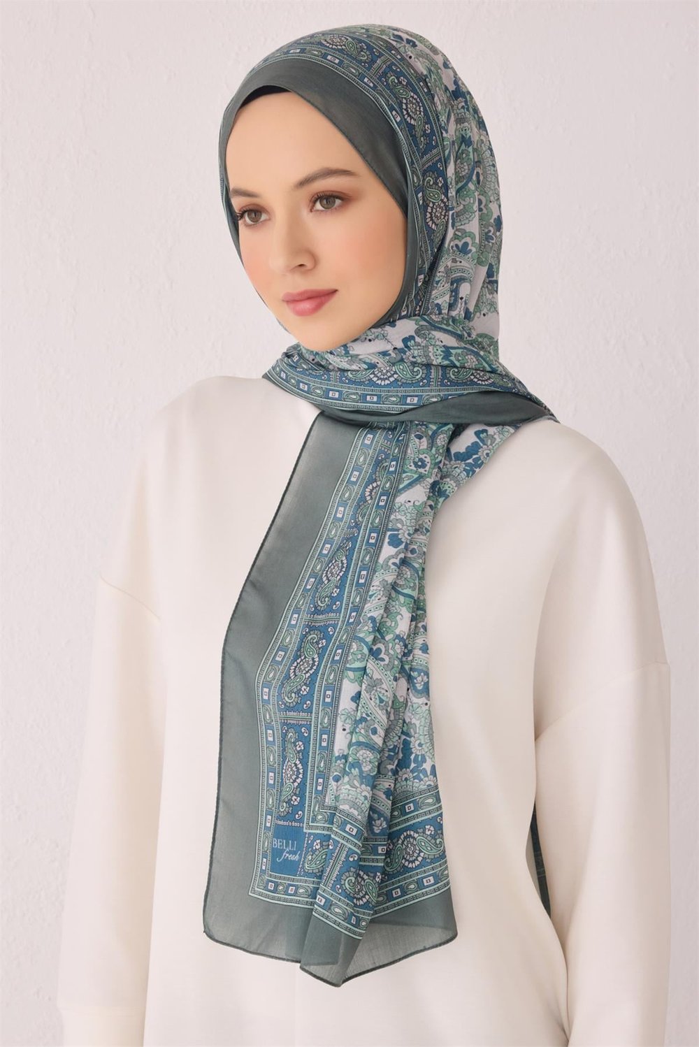 Belli Fresh Etnik Desen Haki Mint Tela Şal 2 - 01