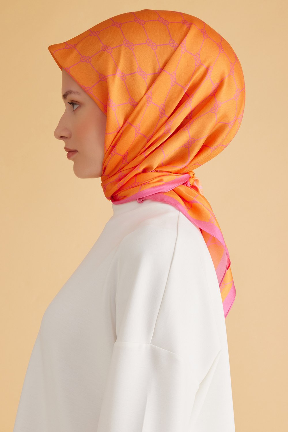 Belli Fresh Geometrik Desen Turuncu Pembe Pure Eşarp 7 - 29