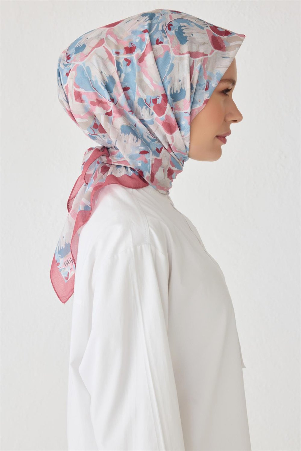 Belli Fresh Çiçek Desen Pembe Tela Eşarp 1021 - 17