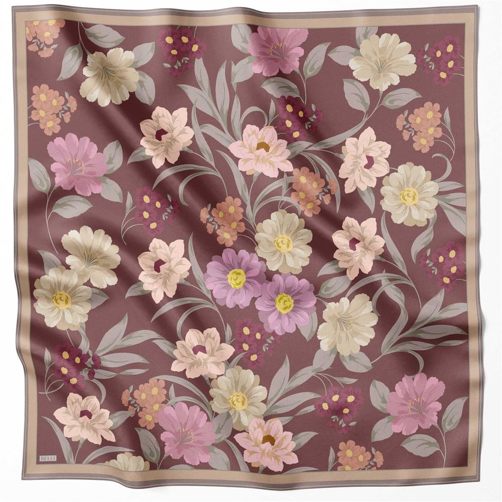 BELLİ ÇİÇEK DESEN İPEK EŞARP 4219D (TWILL) KIZIL KAHVE - 51