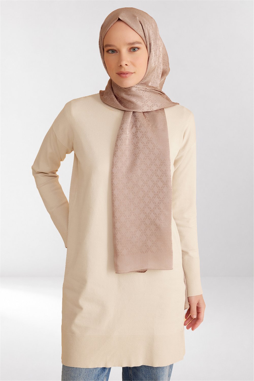 Belli Fresh Geometrik Desen Pudra Kahve Jakarlı Şal 3 - 241826