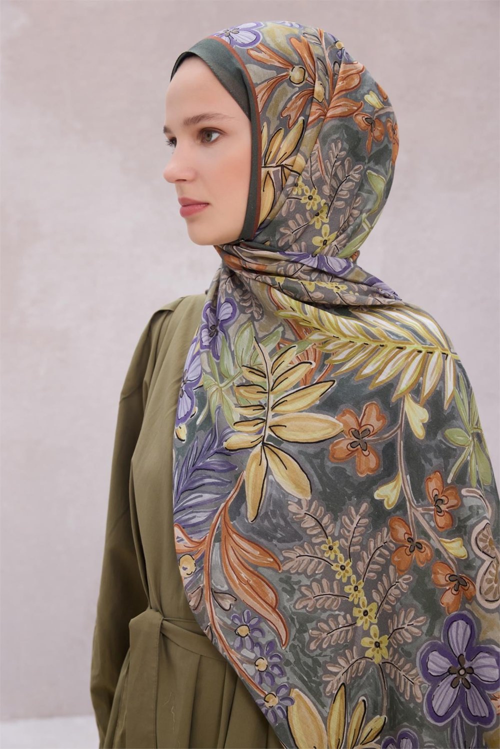 Belli Fresh Çiçek Desen Haki Gri Sarı Sandy Şal 1478 - 25