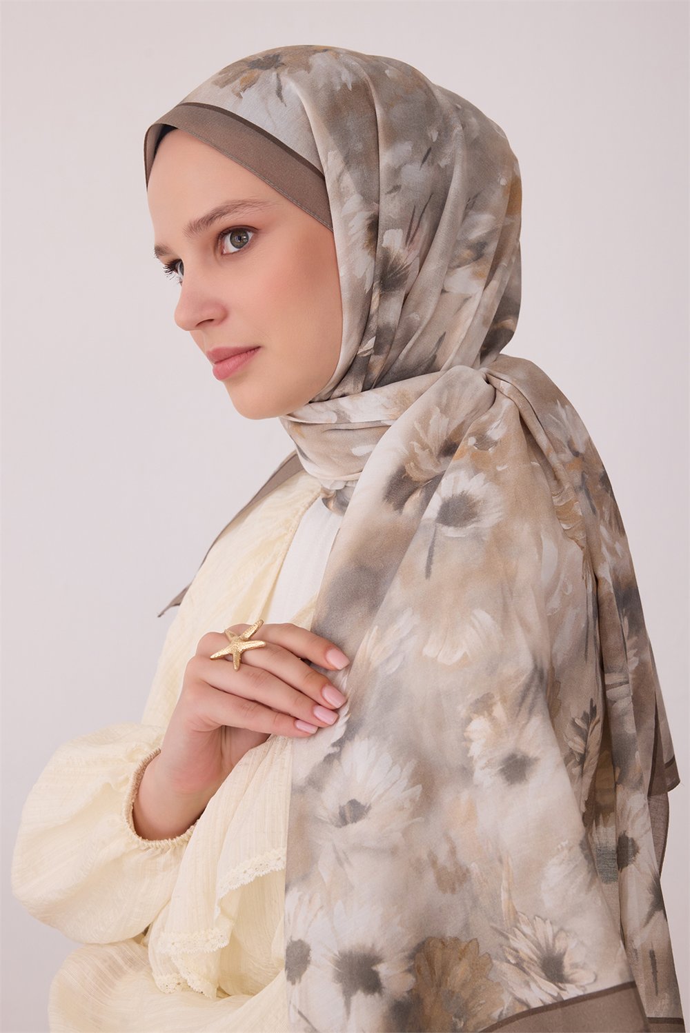 Belli Fresh Çiçek Desen Bej Vual Şal 4149 - 109