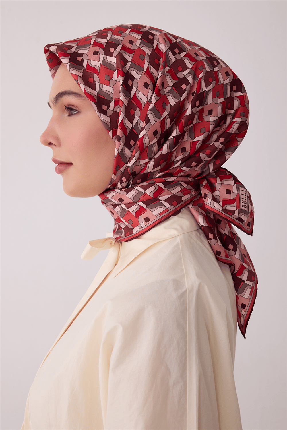 Bordo Geometrik Desen %100 Twill İpek Eşarp 4402-03