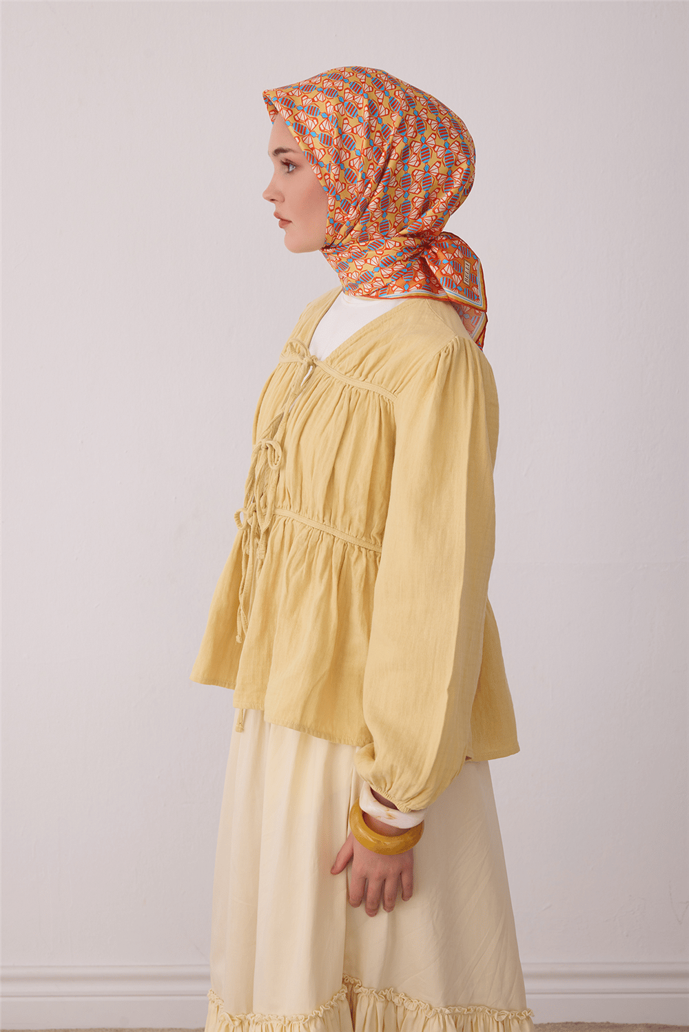 Turuncu Geometrik Desen %100 Twill İpek Eşarp 4403-81
