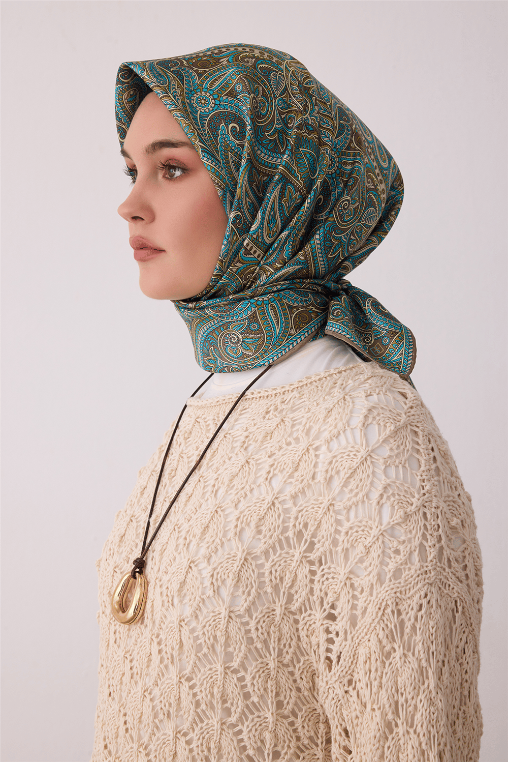 Mint Etnik Desen %100 Twill İpek Eşarp 4404-32