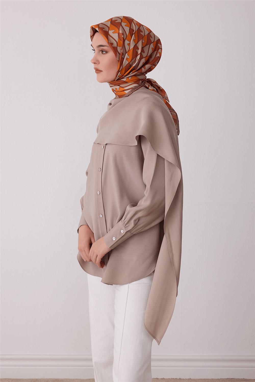 Oranj Geometrik Desen %100 Twill İpek Eşarp 4406-55