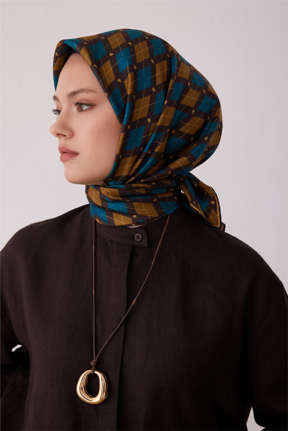 Petrol Geometrik Desen %100 Twill İpek Eşarp 4408-52