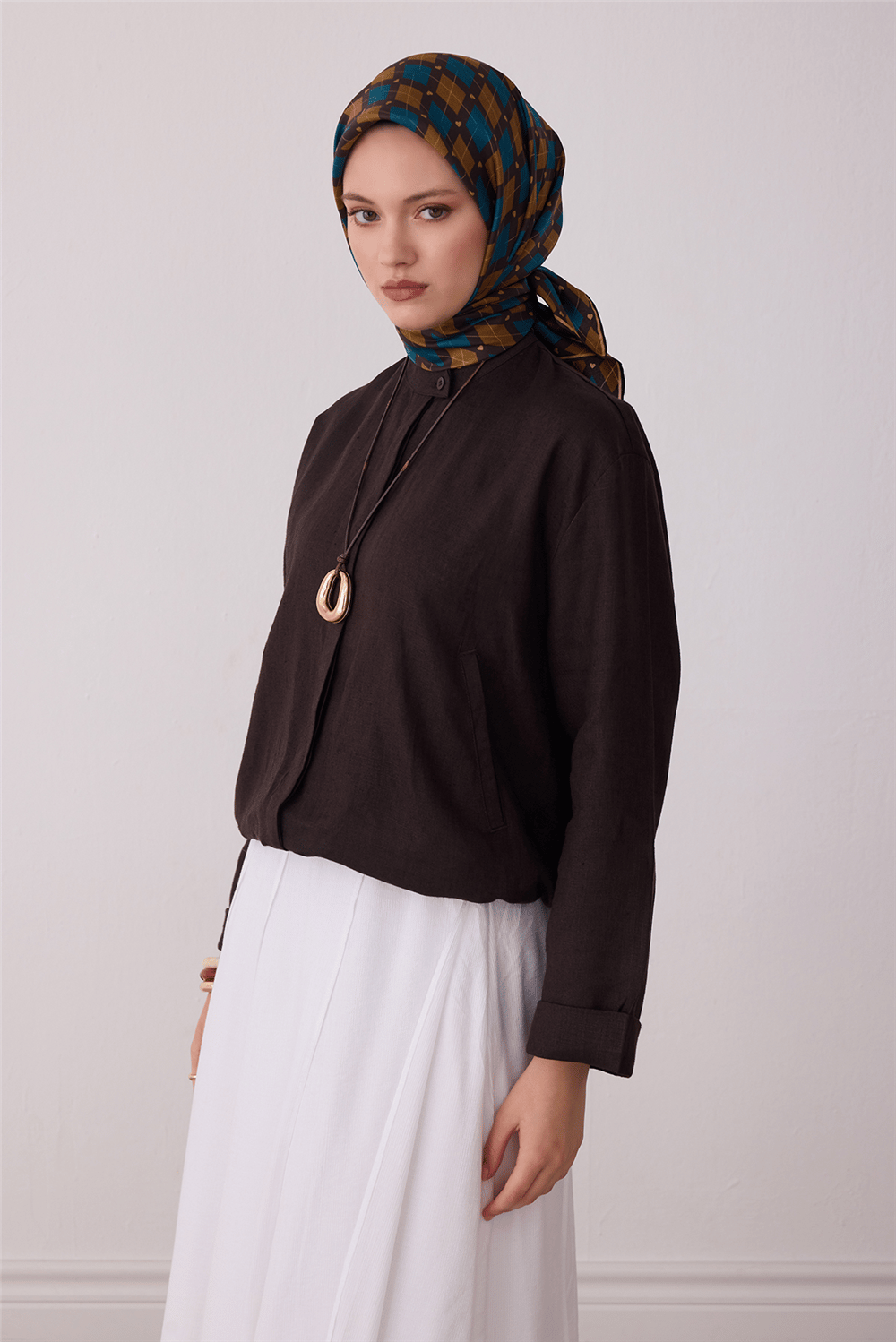 Petrol Geometrik Desen %100 Twill İpek Eşarp 4408-52