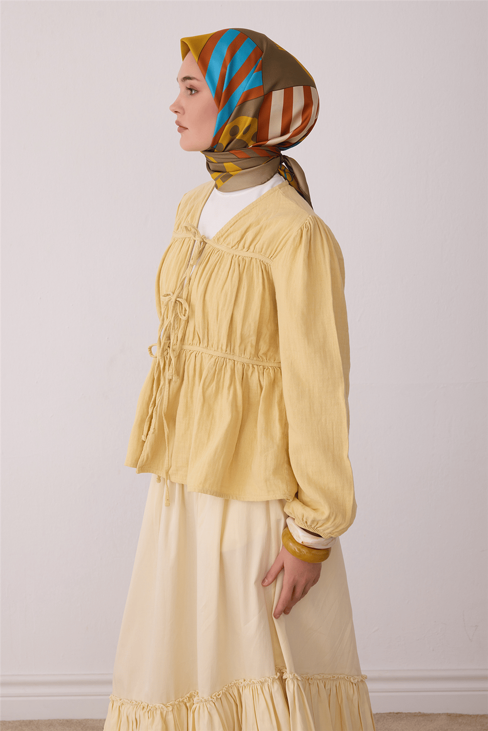 yağ yeşili Obje Desen %100 Twill İpek Eşarp 4409-58