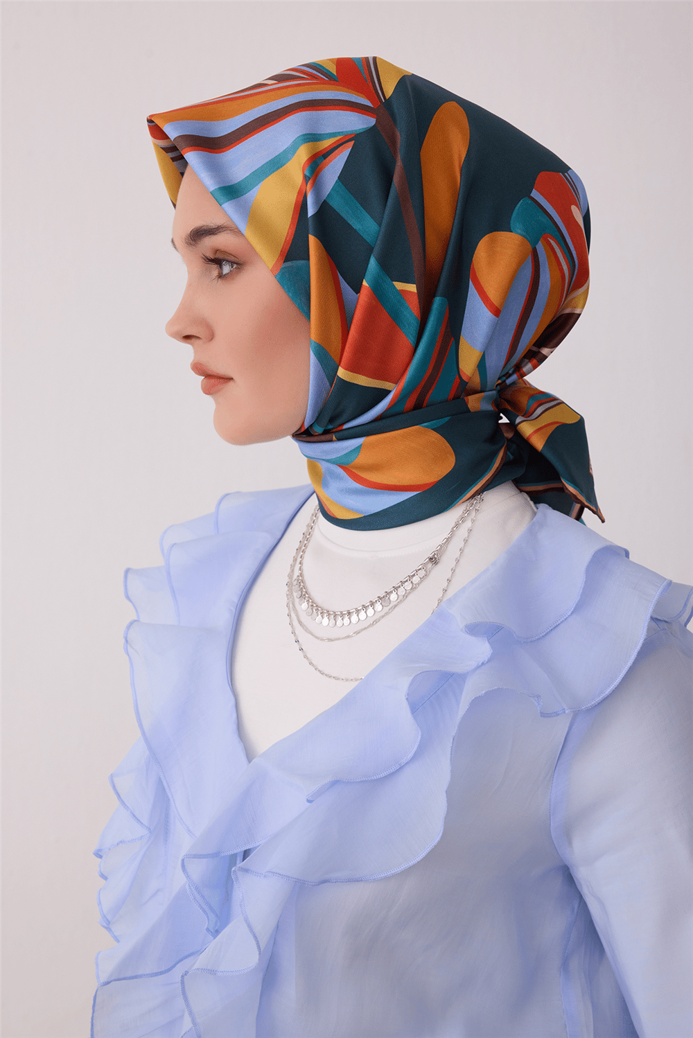 Petrol Çiçek Deseni %100 Twill İpek Eşarp 4410-80