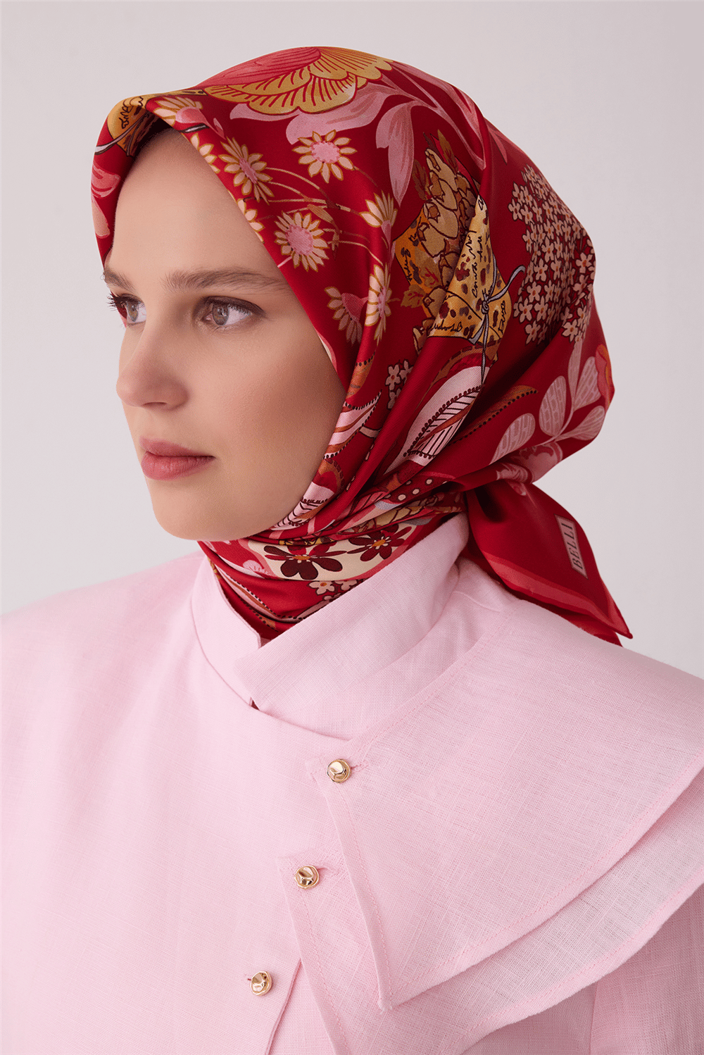 Kırmızı Çiçek Deseni %100 Twill İpek Eşarp 4415-52