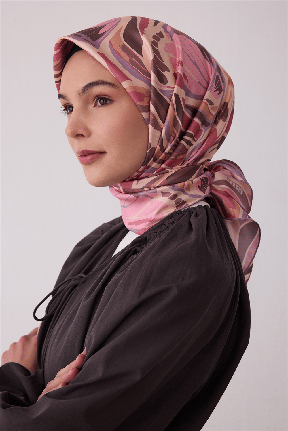 Pembe Soyut Desen %100 Twill İpek Eşarp 4417-04