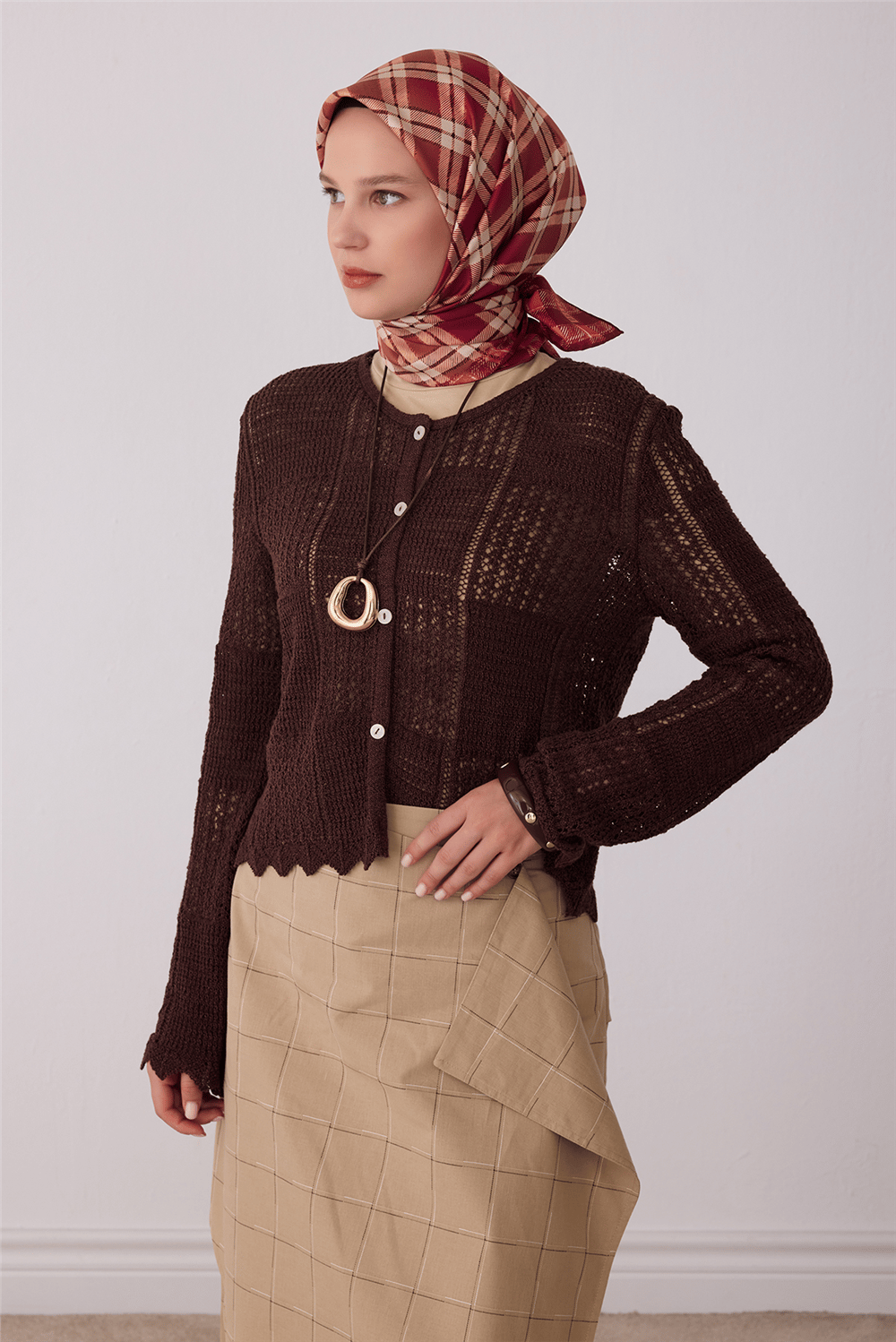 Kırmızı Geometrik Desen %100 Twill İpek Eşarp 4421-02