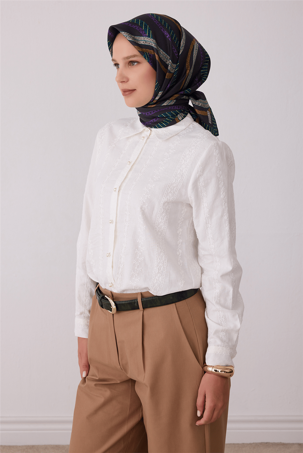 Füme Geometrik Desen %100 Twill İpek Eşarp 4424-80