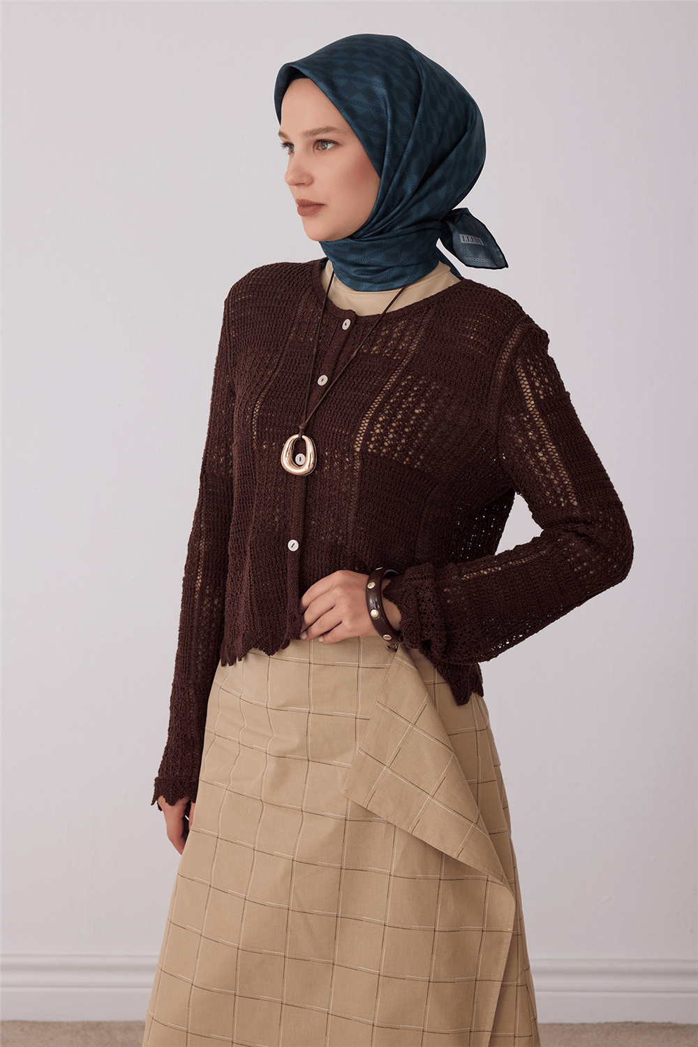 Petrol Geometrik Desen %100 Twill İpek Eşarp 4425-86
