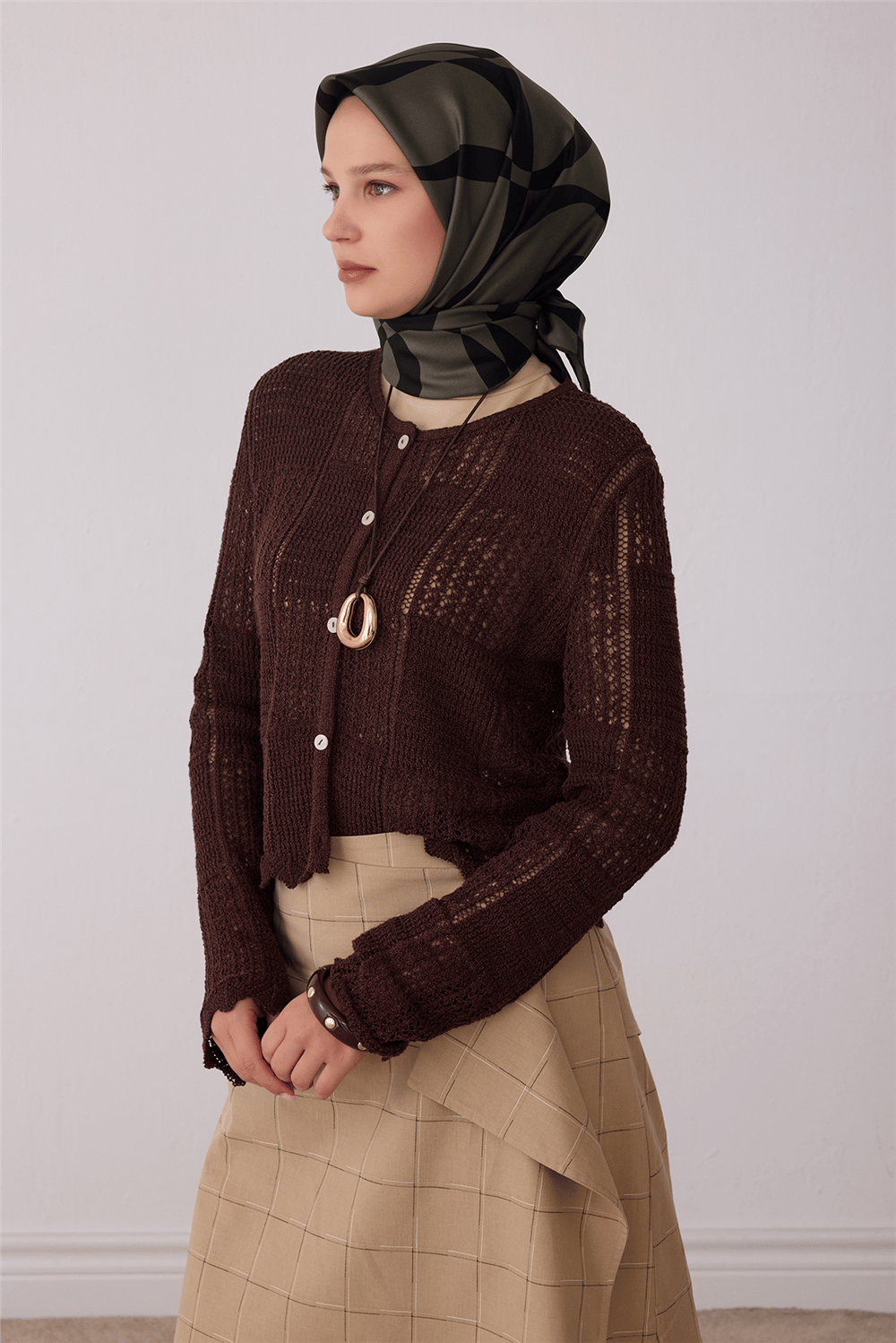 Haki Soyut Desen %100 Twill İpek Eşarp 4429-39