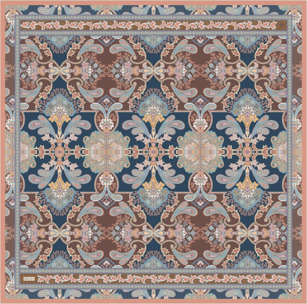 Lacivert Etnik Desen %100 Twill İpek Eşarp 4304-31