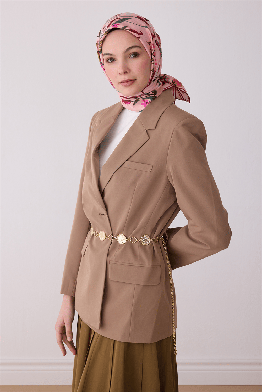 Pembe Çok Renkli Çiçek Desen %100 Twill İpek Eşarp 4320 - 02