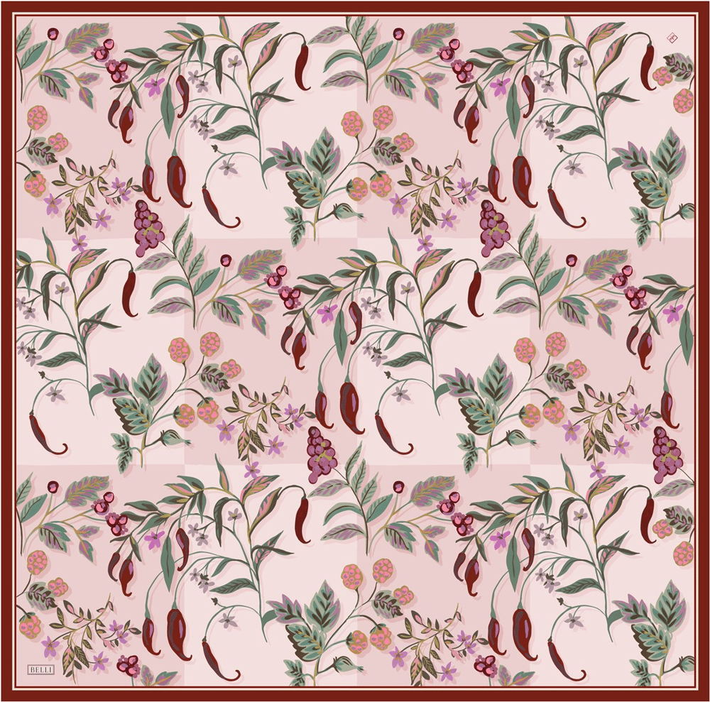 Pembe Çok Renkli Çiçek Desen %100 Twill İpek Eşarp 4320 - 02