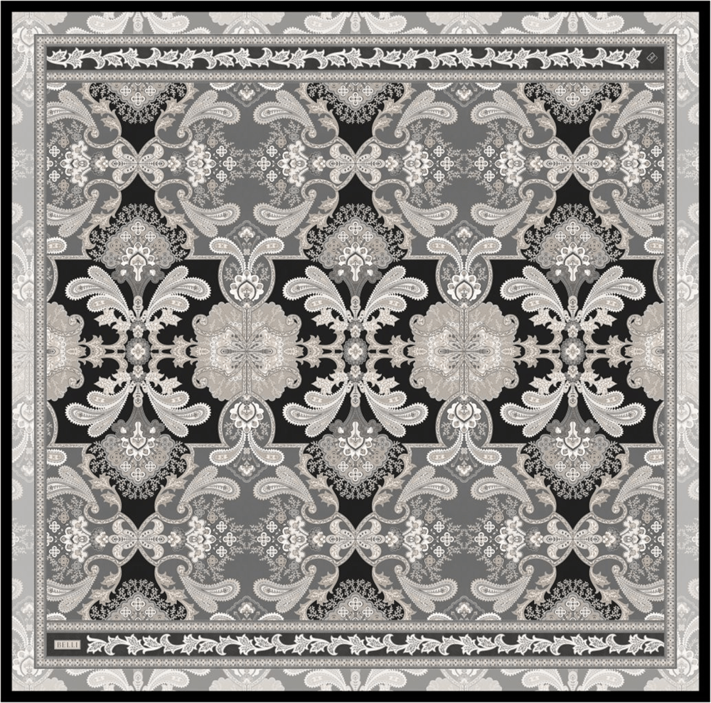 Siyah Etnik Desen %100 Twill İpek Eşarp 4304-06