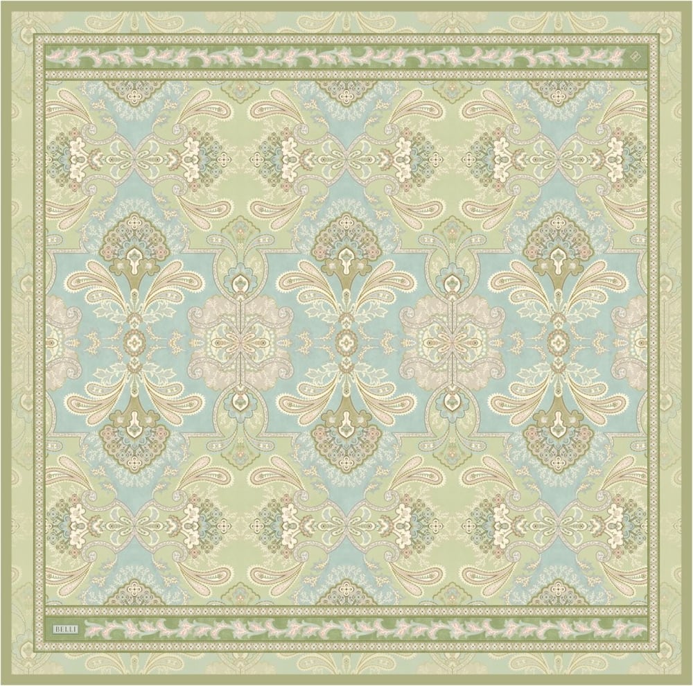 Yeşil Çok Renkli Etnik Desen %100 Twill İpek Eşarp 4304-53