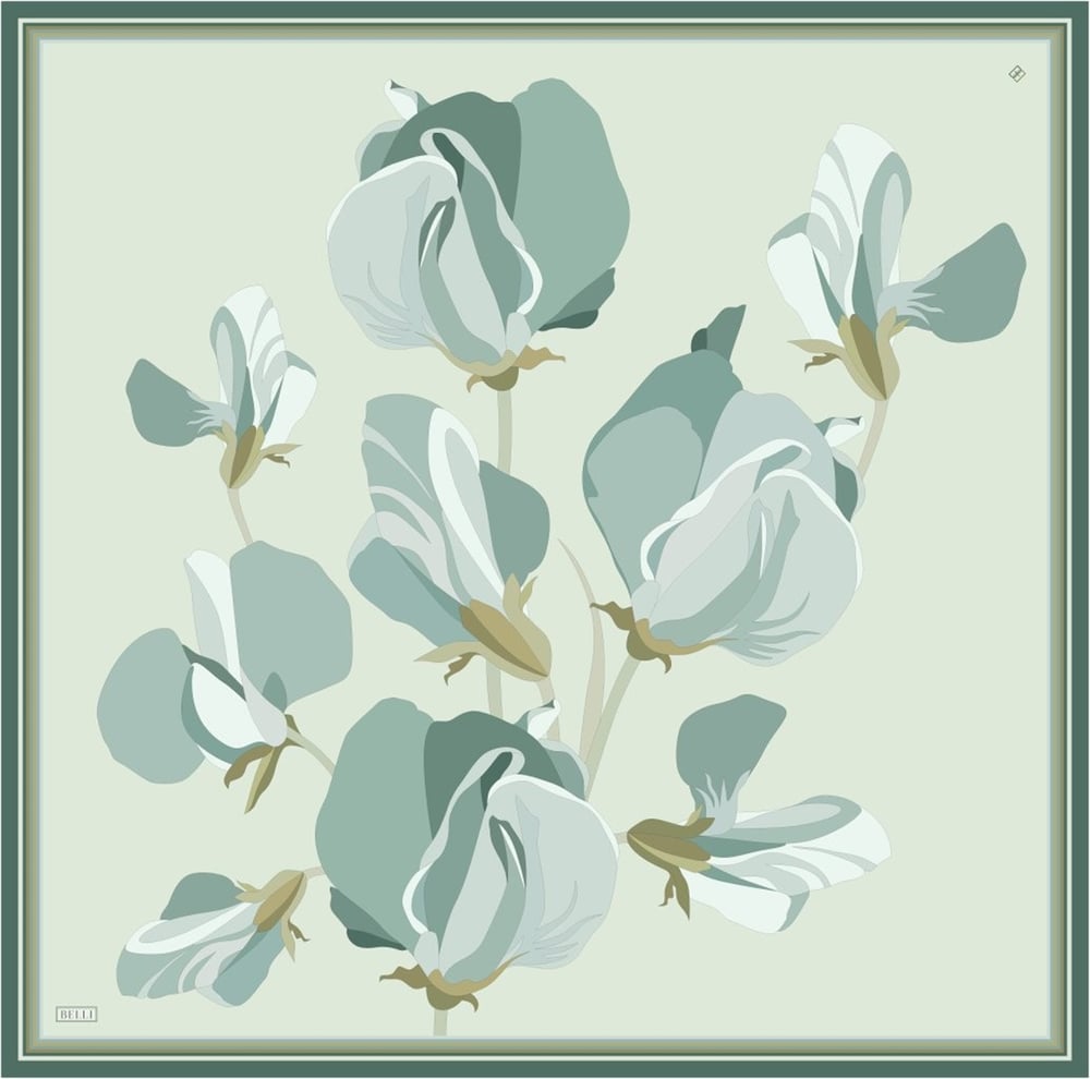 Yeşil Mint Çiçek Desen %100 Twill İpek Eşarp 4303-03