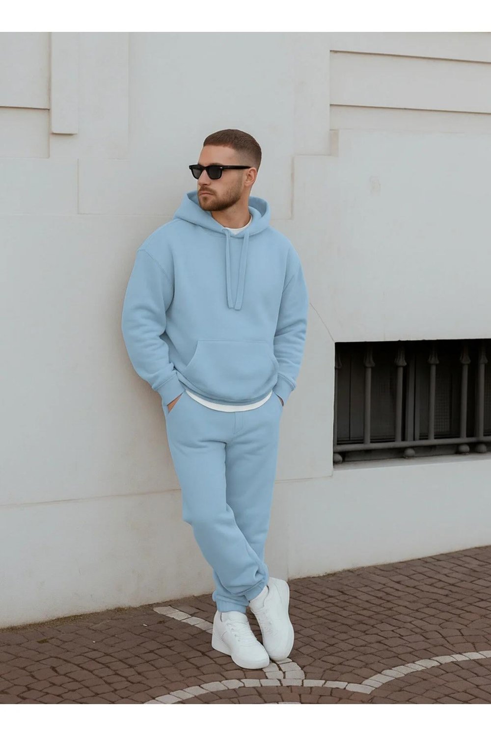 Bebe Mavisi Erkek Beli Lastikli Kapşonlu Şardonlu Baggy Eşofman Takım