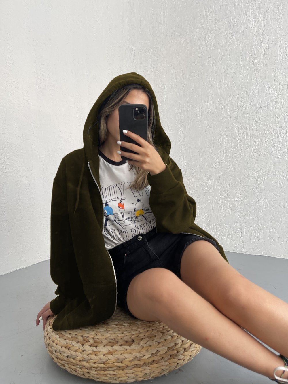 Haki 3 iplik Rahat Kalıp Kapuşonlu Sweatshirt