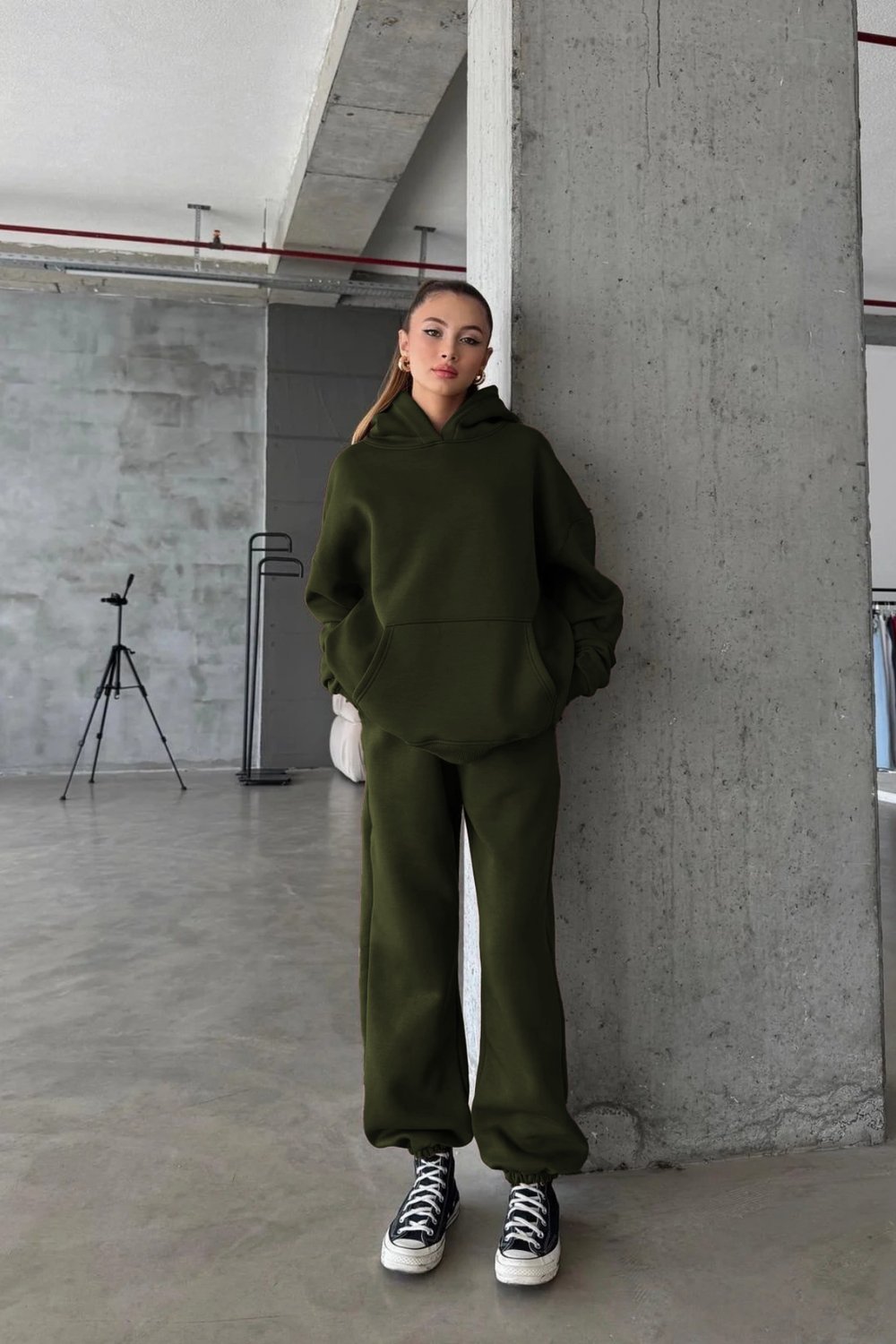 Kadın Yüksek Bel Oversize Rahat Kesim Polarlı Haki Eşofman Takımı