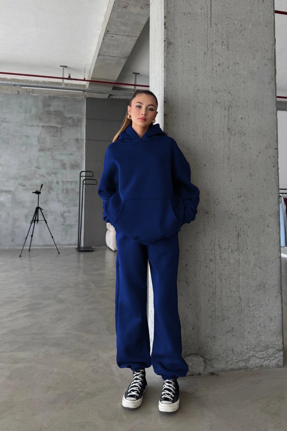 Kadın Yüksek Bel Oversize Rahat Kesim Polarlı Saks Mavisi Eşofman Takımı