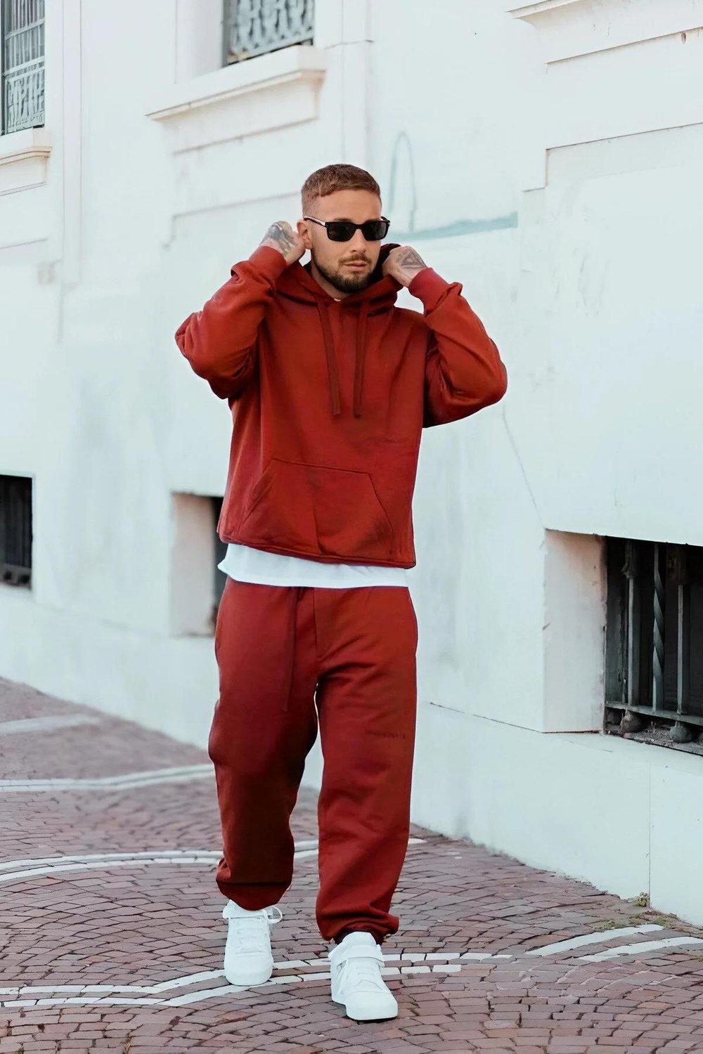 Kırmızı Erkek Beli Lastikli Kapşonlu Şardonlu Baggy Eşofman Takım