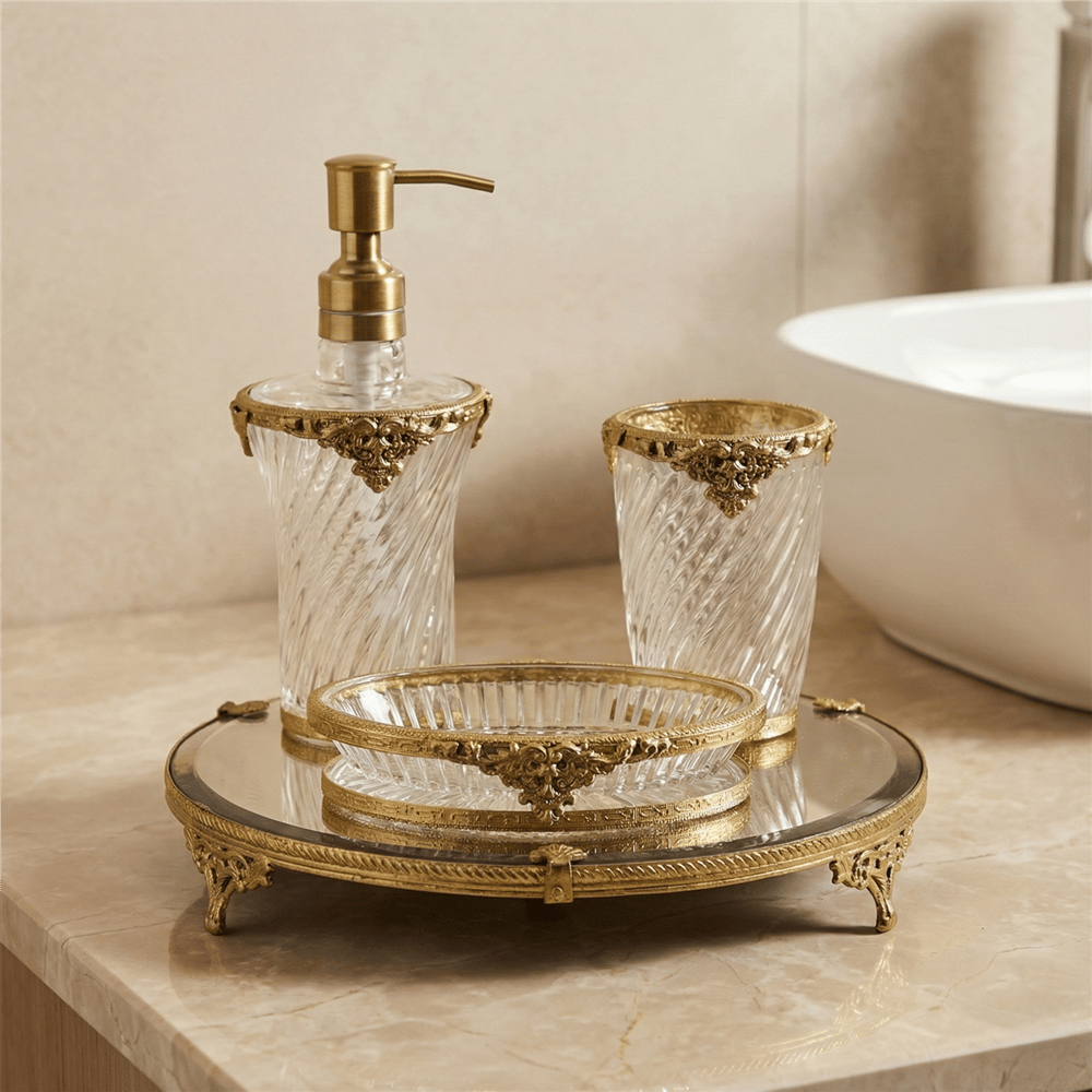 Altın Detaylı Banyo Aksesuar Seti ve Dekoratif Tepsi