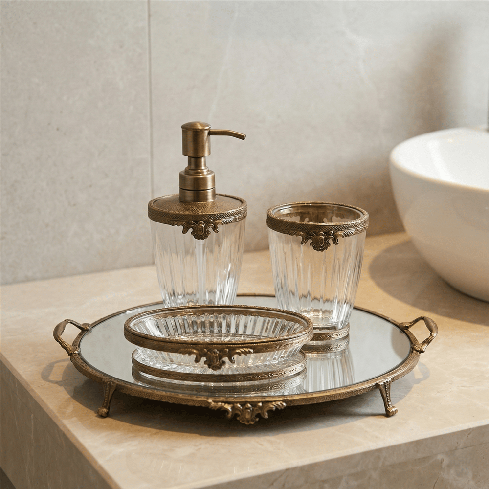 Banyo Takımı Flüt Cam ve Aynalı Tepsi Antik Görünümlü