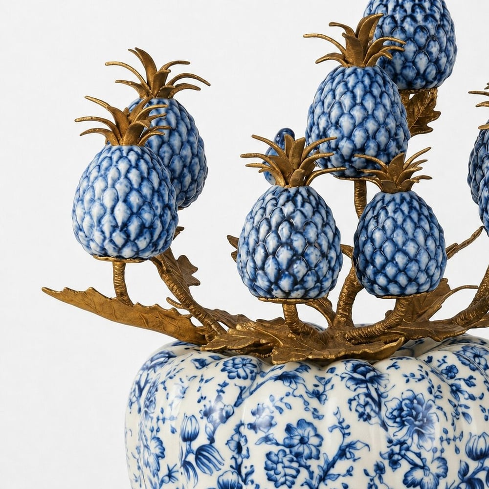 Mavi Beyaz Ananas Ağacı Çatlatma Porselen Obje