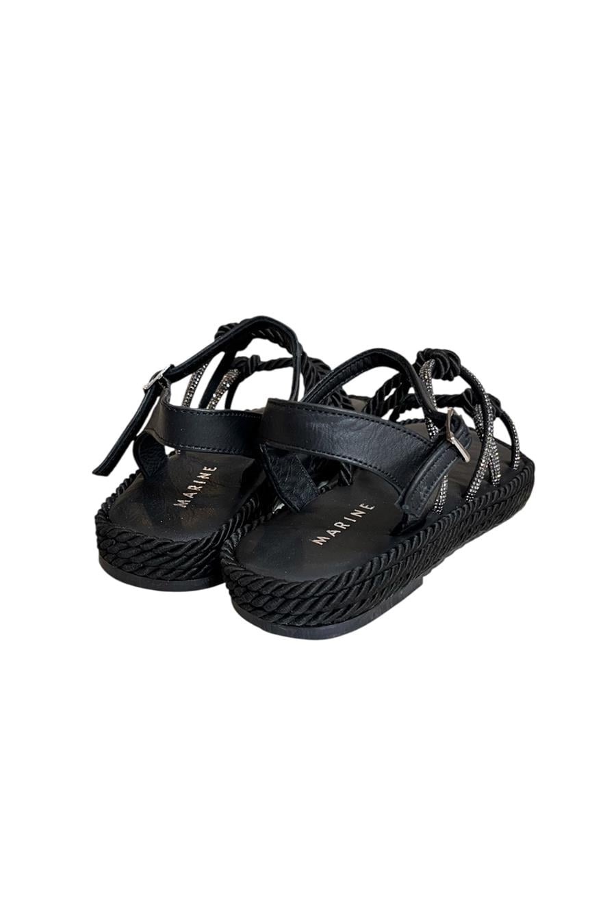 Siyah Hakiki Deri Taş Detay İpli Comfort Taban Sandalet