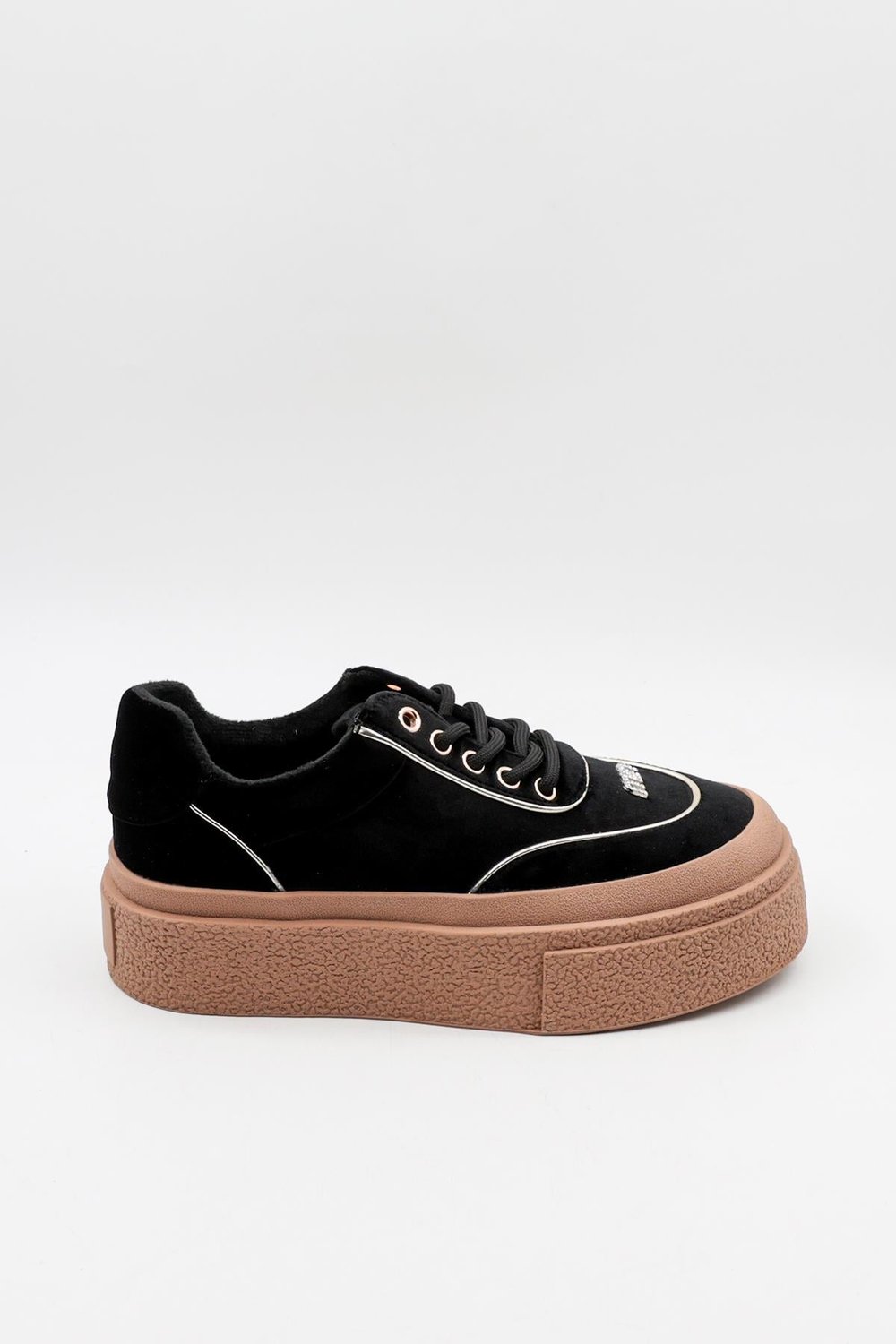 Guja Kadın Önü Taş Detaylı Kalın Taban Kadife Sneaker Spor Ayakkabı GJ330 - Siyah - 36