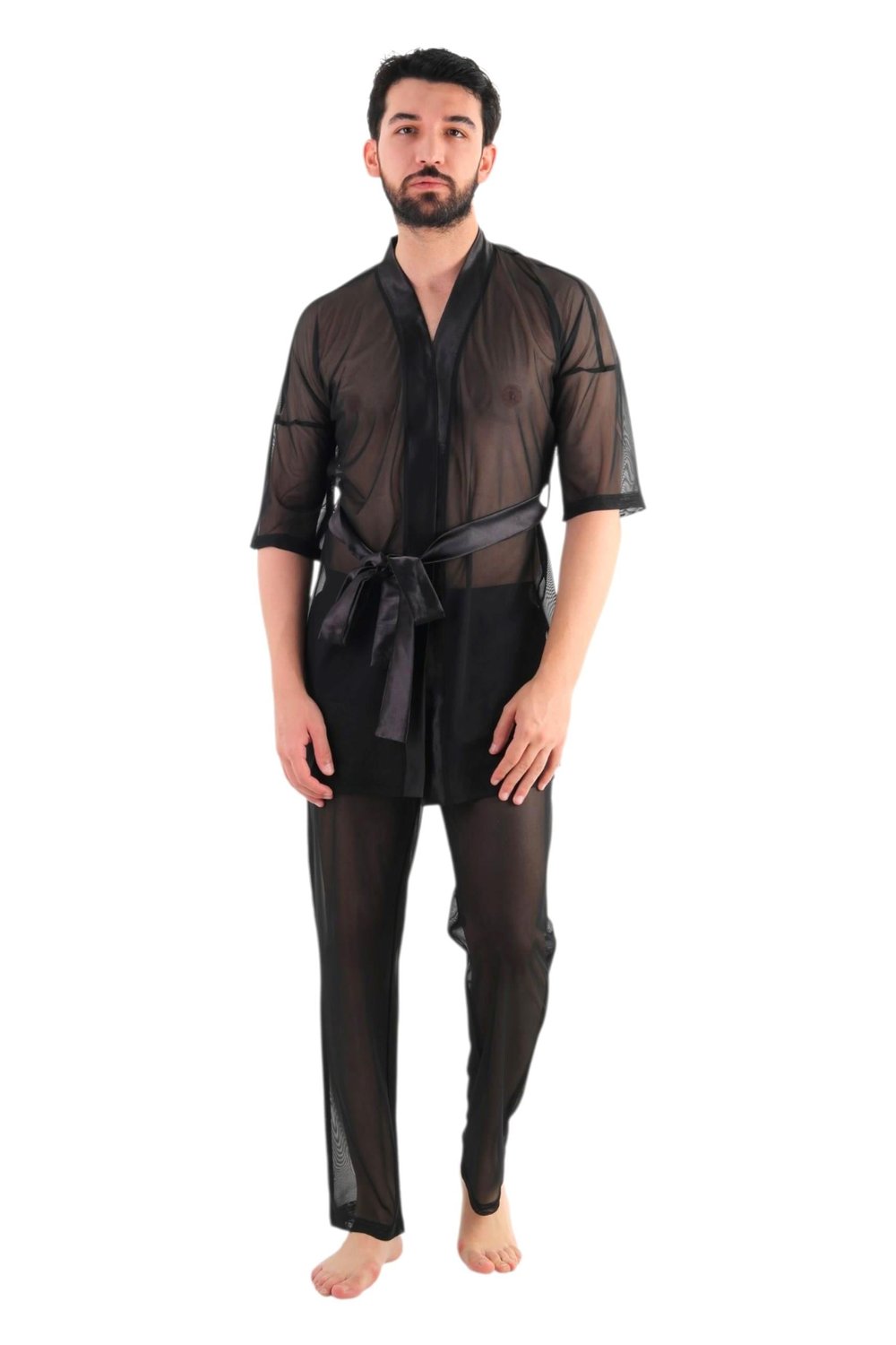 JEU JEU BLINK Siyah Tül  Saten Detaylı Transparan Fantezi Erkek Kimono Takımı