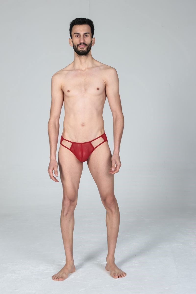 Jeu Jeu Sheer Cut Slip – Transparan Yan Kesitli Modern Erkek Slip Kırmızı