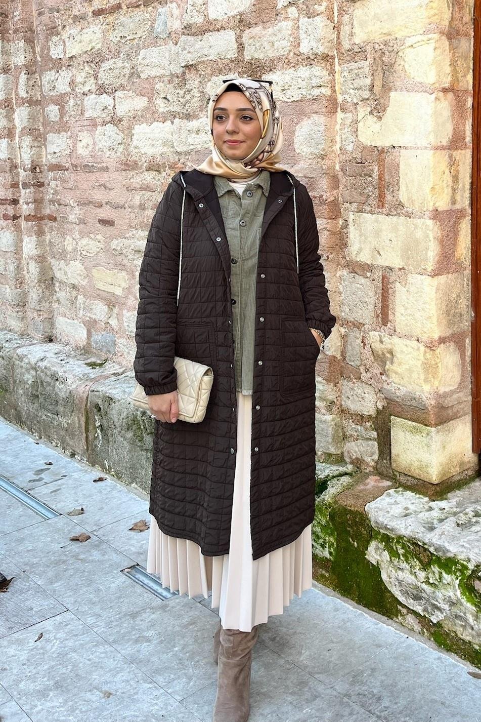DIŞ GİYİMKahverengi Şişme Uzun Kadın Mont