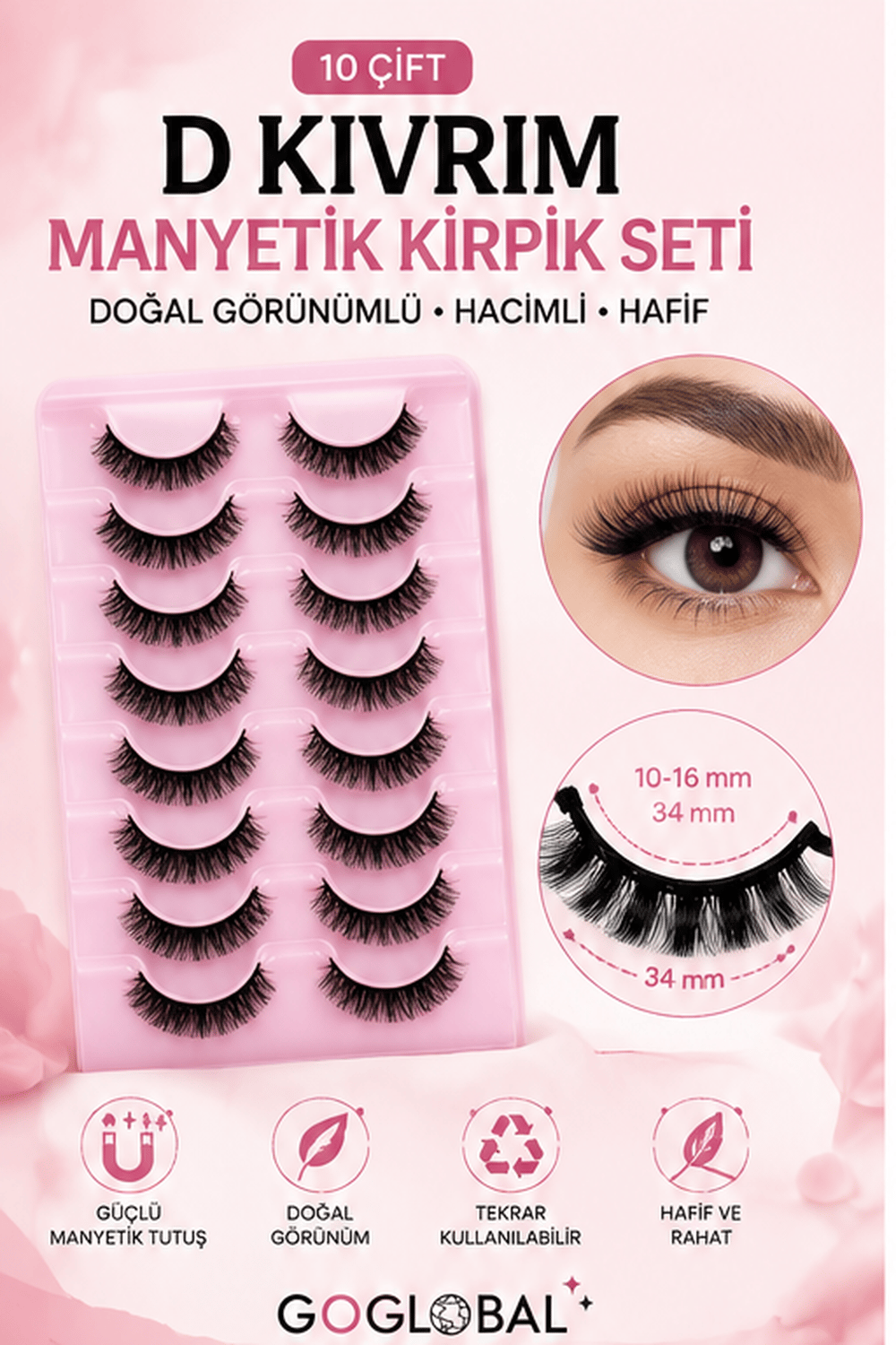 10 Çift D Kıvrım Takma Kirpik Seti | Doğal Hacimli Bütün Kirpik 10-16 mm | Hafif ve Tekrar Kullanılabilir