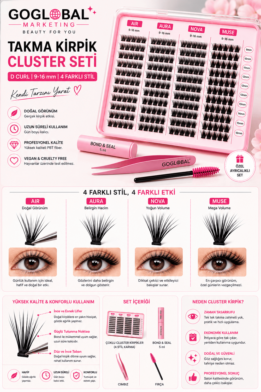 4 Farklı Stil Cluster Takma Kirpik Seti D Curl 9-16 mm Mix AIR AURA NOVA MUSE Bond & Seal Cımbız Fırça