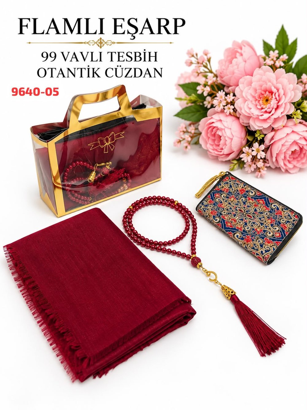Flamlı Eşarp Otantik Cüzdan Tesbih Set