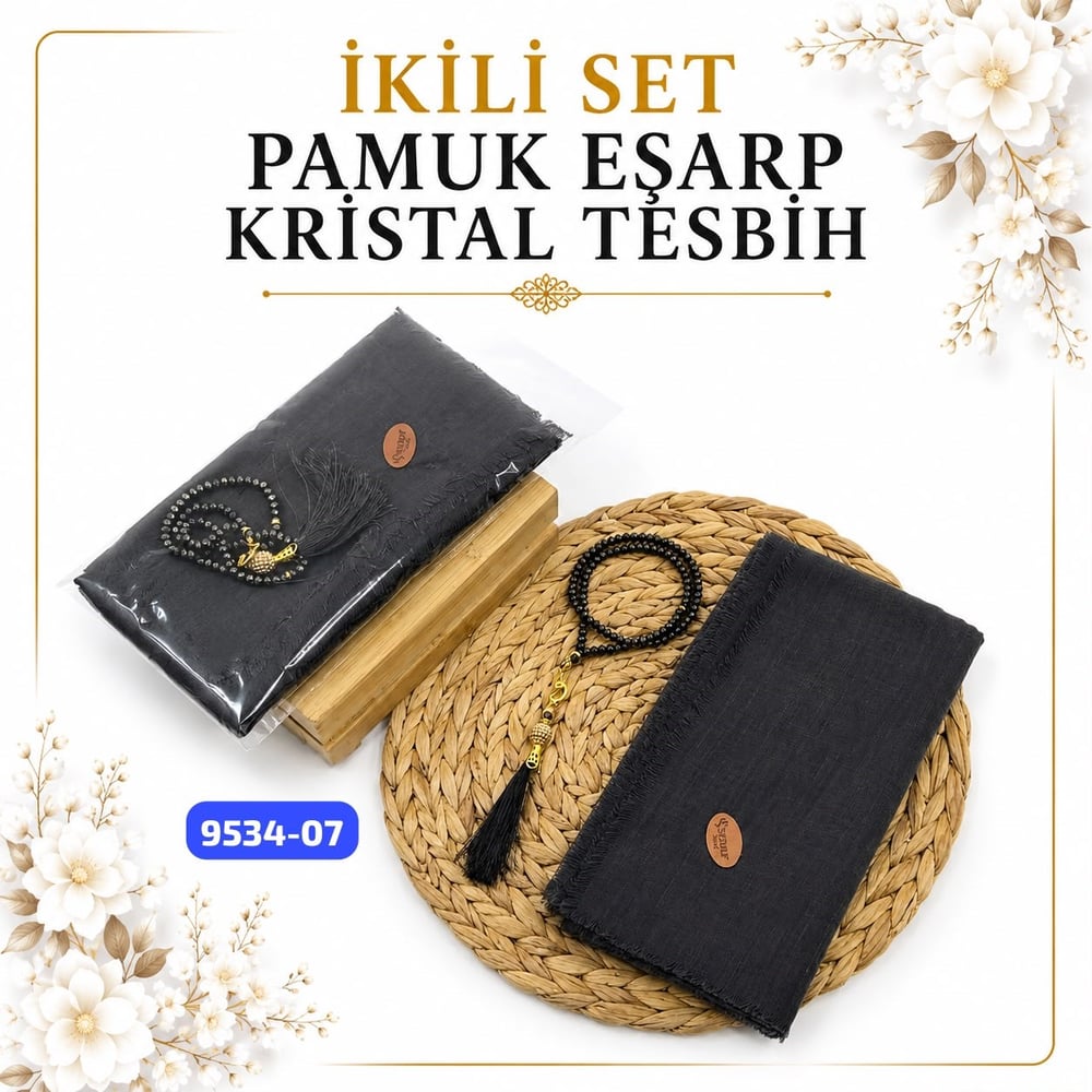 Pamuklu Eşarp Kristal Tesbih Set
