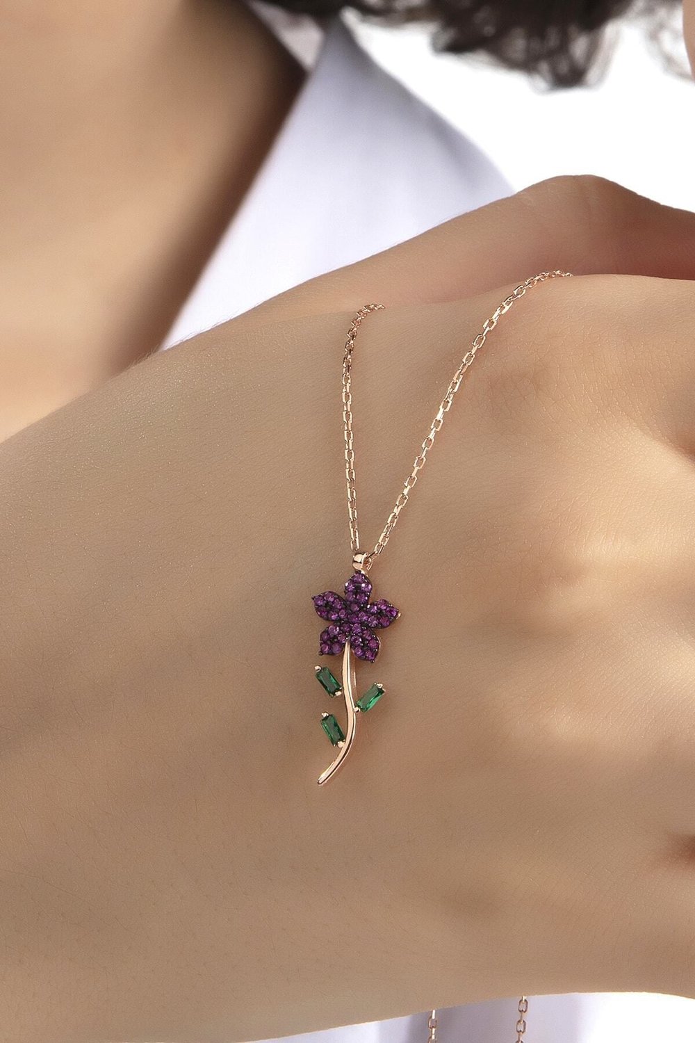 Kadın Orjinal 925 Ayar Gümüş Baget Zirkon Taşlı Çicek Model Kolye