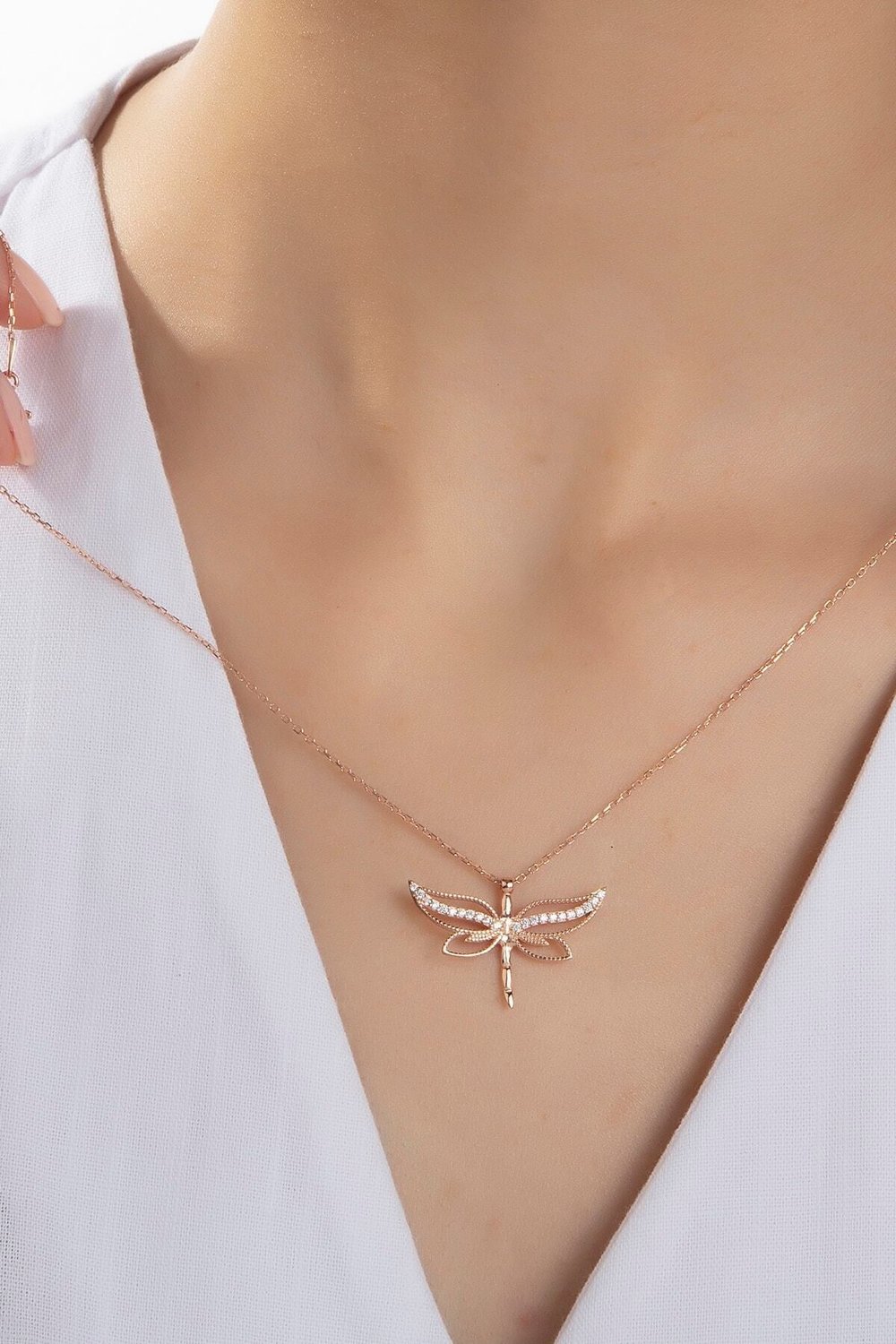 Kadın Orjinal 925 Ayar Gümüş Zirkon Taşlı Yusufçuk Kelebek Model Kolye